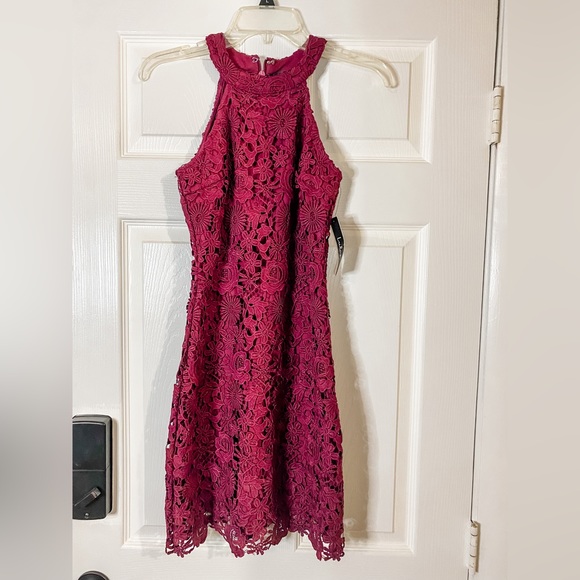 NWT Lulus Love Poem Magenta Lace Halter Mini Dress - Picture 3 of 6